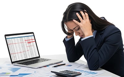 7 Most Costly Accounting Mistakes Small Business Make. Photo of woman's purse. Don't mix personal and business money. Photo of woman business owner using spreadsheets